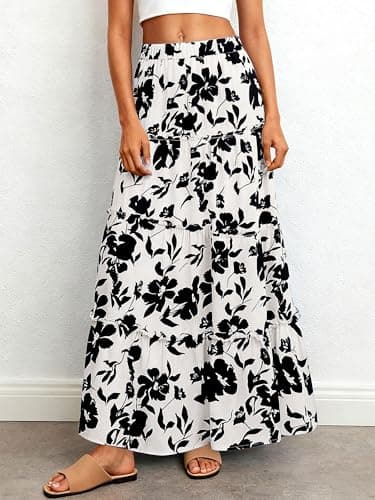 BTFBM Floral Maxi Skirts for Women Summer Spring 2026 Elastic Waist Tiered Flowy Beach Vacation Boho Midi Long Skirt(Floral White Black, Small) - Thumbnail 2