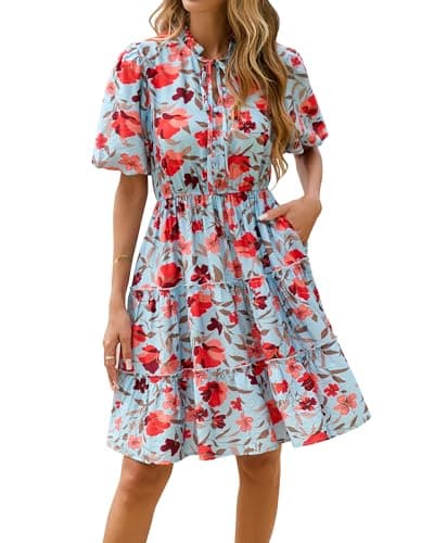 BTFBM Women Summer Floral Short Dresses V Neck Short Sleeve Tiered Ruffle Boho Swing Dress A-Line Mini Dresses(Floral Blue Red,Large) - Image 1