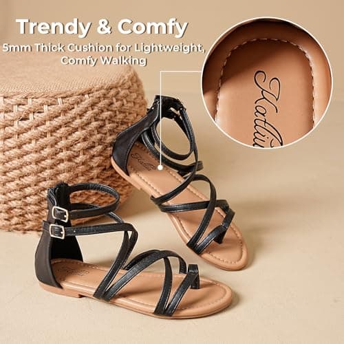 katliu Women's Gladiator Sandals, Strappy Flat Sandals, Dressy Boho Thong Sandals Black 7 - Thumbnail 4