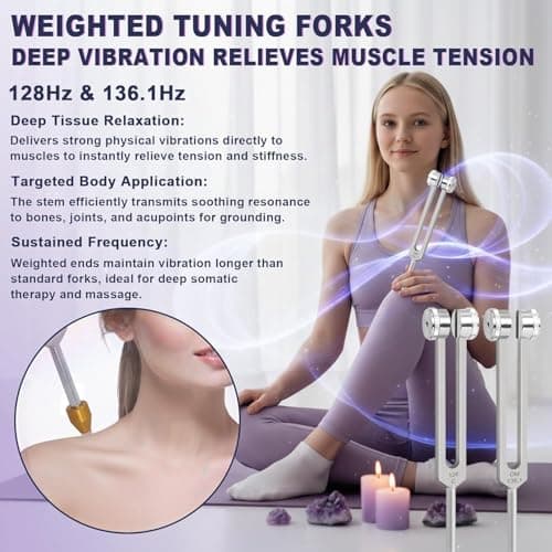 Tuning Forks for Healing Set – 128Hz 136.1Hz 256Hz 384Hz Weighted & Unweighted Sound Healing Tuning Forks for Chakra Balancing, Meditation, Yoga & Relaxation with Activator, Gem Feet & Storage Pouch - Thumbnail 3