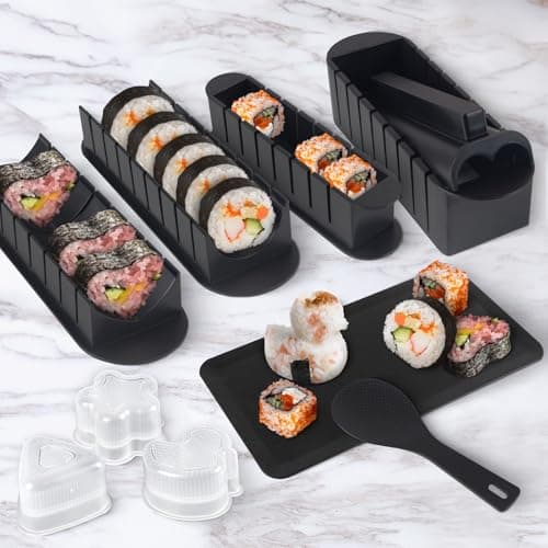 HI NINGER Sushi Maker Set, 24-piece sushi maker kit for beginners to make their own sushi. Can be used as a sushi plate with rice roll molds, knife, sushi plate,sushi rolling mat (Black) - Thumbnail 4
