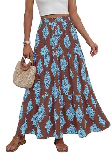 BTFBM Long Skirts for Women Summer 2026 Elastic High Waist Flowy A Line Casual Boho Tiered Floral Maxi Skirt Pockets(Brown Light Blue Flower, Large) - Image 1