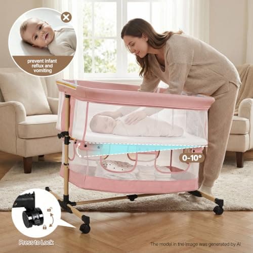 cutebeams Baby Bassinet, 3 in 1 Infant Bassinet Bedside Sleeper, Bassinet with Cover, Rocking Bedside Bassinet for Baby with Storage Basket, Foldable & Adjustable Travel Crib (Light Pink) - Thumbnail 6