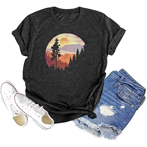 GEMLON Sunset Pine Tree Tshirt Women Camping Tshirt Retro Sun Print Graphic Tee Casual Short Sleeve Top - Image 1