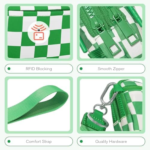 WOOMADA Checkerboard Nylon wristlet wallets for women - Crossbody Bag with Credit Card Holder & Cell Phone Organizer(Kelly Green Checkerboard) - Thumbnail 6