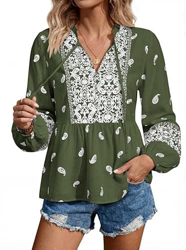 MASCOMODA Women Boho Babydoll Tops Spring Summer Casual V Neck Peplum Long Sleeve Blouses Flowy Shirts Beach Vacation Clothes(Army Green White Flower,Medium) - Thumbnail 4