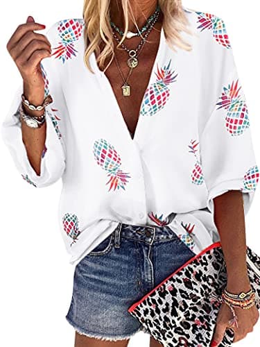 ZXZY Women Pineapple Printed Lapel Collar Half Sleeves Buttons Down Blouse Shirt (O-White, Medium) - Image 1