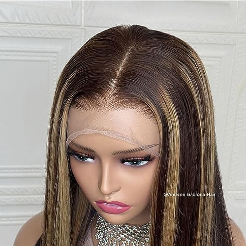 GABROGA 150% Density Glueless 4/27 Highlight 13x4 Colored Straight Lace Front Wigs Human Hair HD Transparent Lace Pre Plucked Natural Hairline with Baby Hair for Black Women 20 Inch - Thumbnail 4