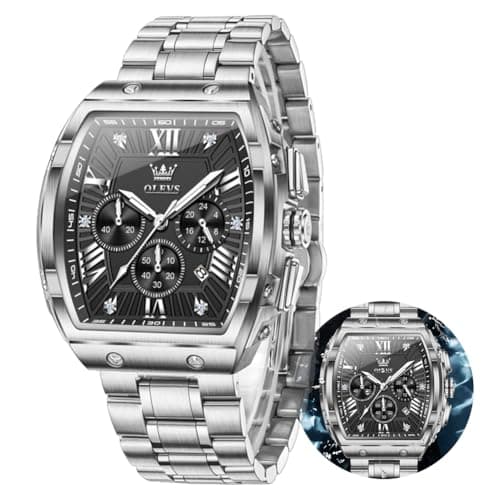 OLEVS Watch Men Luxury Black Big Face Square Silver Stainless Steel Chronograph Waterproof Mens Watches Tonneau Luminous Quartz Work Analog Dress Wrist Watches for Men Relojes para Hombres - Image 1