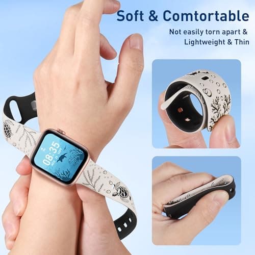 HMFCBFSS Engraved Cute Sea Turtle Band Compatible with Apple Watch Bands for Women Men 38mm 40mm 41mm 42mm, Stylish Two-Tone Floral Soft Silicone Sport Strap Fit iWatch Series 11 10 Se 9 8 7 6 5 4 3 2 1 (Starlight/Black, 38mm/40mm/41mm/(42mm-Series 11 10) - Thumbnail 3