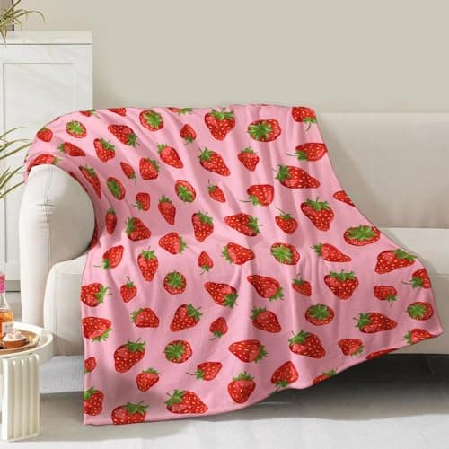 Strawberry Blanket Gifts for Women Girls Mom Kids Adults Teen Birthday Christmas Valentine Present Pink Strawberry Fruit Theme Decor Bedroom Living Room Sofa Couch Soft Cozy Plush Fleece Throw 60"x50" - Image 1