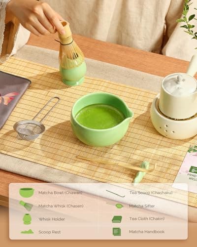 Maestri House Matcha Whisk Set, 7-Pc Complete Matcha Kit with Spouted Ceramic Bowl, Bamboo Whisk and Holder, Scoop, Spoon Rest & Sifter, Tea Cloth – Ideal Gift for Matcha Lovers (Green) - Thumbnail 2