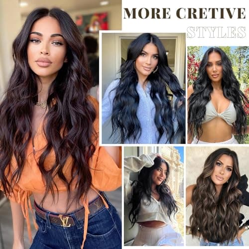 NEOWIG Dark Brown Clip in Hair Extensions 20 Inch Long Wavy Hair Extensions for Women Natural Synthetic Hairpieces 4 Pcs - Thumbnail 6