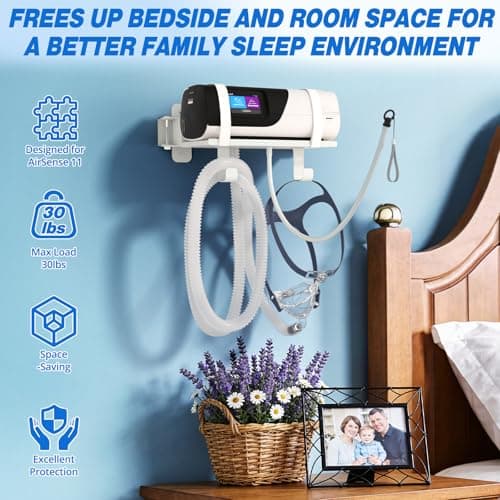 Godboat CPAP Wall Mount Shelf for Resmed Airsense 11 Machine - 180° Swivel CPAP Hose Holder, 90° Rotating Hanger with 2 Hooks for Tube Organizer Mask Stand [Tangle-Free], Bedside Bed Room Decor/Silver - Thumbnail 3