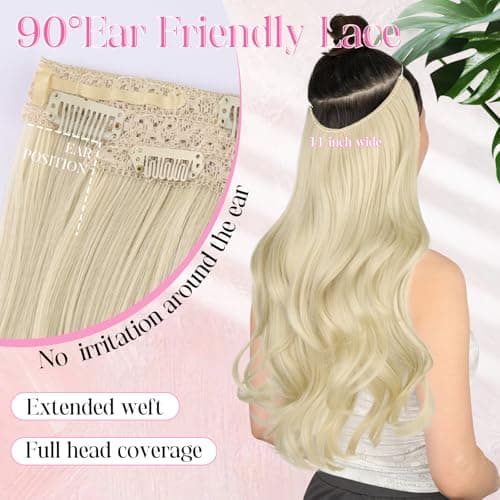 Invisible Wire Hair Extensions with Transparent Wire Adjustable Size 4 Secure Clips Long Wavy Secret Hairpiece 20 Inch for Women(Platinum Blonde) - Thumbnail 4