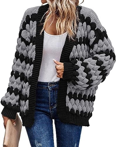 KIRUNDO Cardigan for Women Fall Lantern Sleeve Color Block Striped Cable Knitted Cardigan Casual Loose Open Sweater Jacket Winter Coat(Grey, Medium) - Image 1
