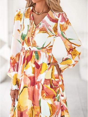 BTFBM Women Fall Wedding Guest Maxi Dresses 2025 Floral V Neck Long Sleeve Boho Long Dress Vacation(Pink Watercolour,Medium) - Thumbnail 6