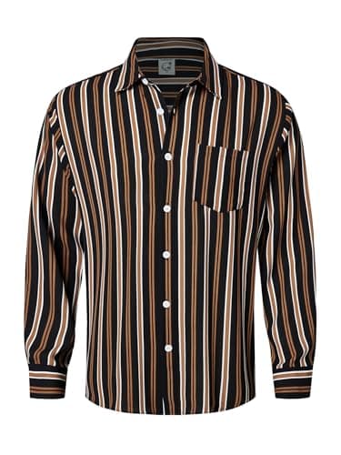 Hardaddy Men's Classic Color Contrast Striped Shirt Long Sleeve Casual Button Down Shirts Blouse Black XL - Image 1