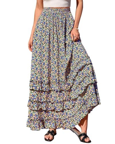 BTFBM Skirts for Women Summer Flowy A-Line Floral Boho Maxi Skirt Long Wedding Guest Dresses Spring Outfits 2026(Floral Black Multicolored,X-Large) - Image 1