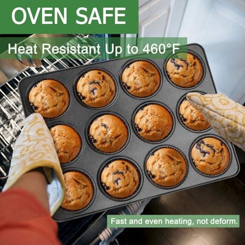 Herogo 12-Cup Nonstick Muffin Pan Tin for Baking, Metal Nonstick Cupcake Tray Set for Making Egg Muffin Quiches, Mini Brownie, Easy to Clean & Quick Release, Oven & Dishwasher Safe, Black - Thumbnail 6