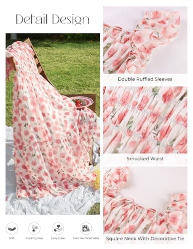 GRACE KARIN Women's Floral Midi Cottagecore Dress Square Neck Ruffle Sleeve Spring Dress Formal Wedding Guest Dresses Pink L - Thumbnail 2