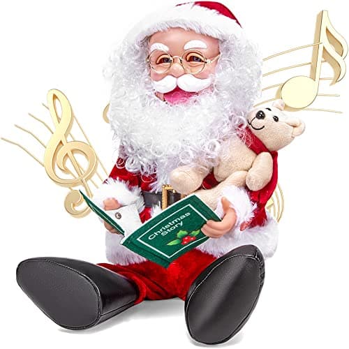 Santa Claus Christmas Animated Decoration Storytelling Plush Figurines, Talking Santa Christmas Animatronic Collectible Decor with Book, Bear, Mouth Move, Cute Xmas Sitting Figure Gift for Indoor - Image 1