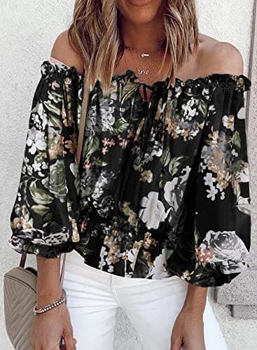 BLENCOT Summer Sexy Off Shoulder Blouse for Women 3/4 Ruffle Sleeve Floral Chiffon Shirts Tops Black L - Thumbnail 3