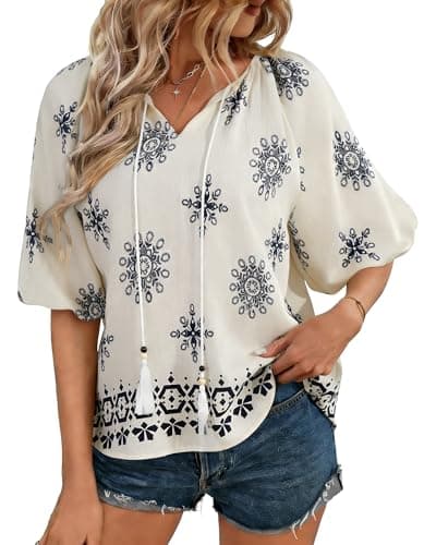IEEILULU Summer Boho Tops for Women Casual V Neck Women Blouses Tunic Floral Print Beach Vacation Shirts Blue Printed L - Image 1