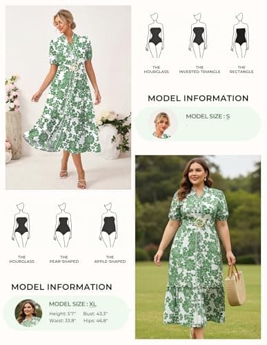 GRACE KARIN Womens Summer Floral Maxi Dress 2026 Casual Puff Short Sleeve Shirt Dress Boho Flowy Dresses with Pockets & Belt White Green Floral XL - Thumbnail 4