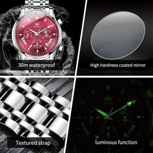 OLEVS Watch Men Red Face Watches for Men Silver Mens Watches Luxury Reloj para Hombre Analog Quartz Dress Stainless Steel Waterproof Chronograph Moon Phase Date Diamond Men's Wrist Watch - Thumbnail 5