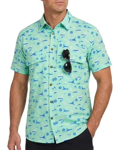 Cozople UV Fishing Shirts for Men Short Sleeve Button Up UPF 50+ Lightweight Work Hiking Shirt for Travel Safari Camping Light Turquoise Steamship L - Image 1