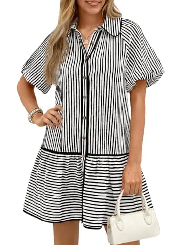 Wenrine Womens Summer Button Down Shirt Dress Casual Striped Puff Short Sleeve Collared Loose Mini Dresses with Pockets Black - Image 1