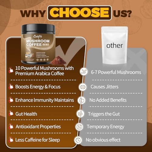 Mushroom Coffee,10 Adaptogenic Mushrooms With Oatmeal Powder MCT Oil, Hydrolyzed Collagen, Instant Coffee with Lion's Mane, Chaga, Cordyceps, L-Theanine for Energy, Focus, Digestion and Immunity, 160G - Thumbnail 3