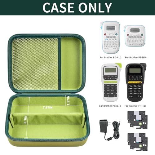 Case Compatible with Brother for P-Touch PT-N10/ PT-N20/ PTH110/ PRTH110/Pro/PT-H111 Portable Label Maker, Label Printer Storage Holder for Label Tape, AC Adapter, Charging Cable (Box Only) (Green) - Thumbnail 2