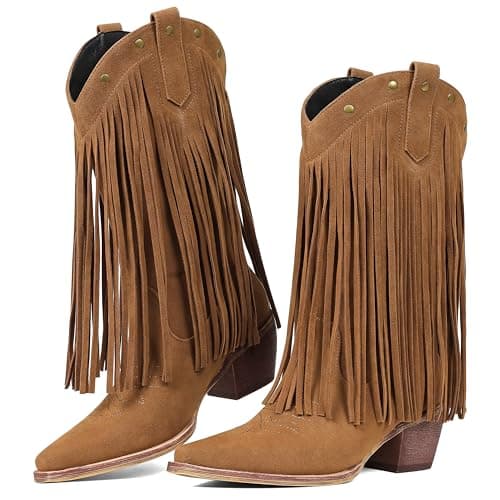 ElegaStep Women's Fringe Cowboy Boots Mid-Calf Ridding Cowgirl Boots Pull On Western Boots Brown 40 - Thumbnail 4