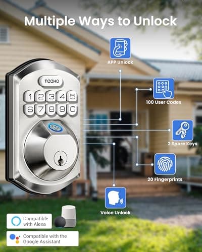 TEEHO TE012W-H WiFi Keypad Door Lock with Handle Set, Fingerprint Smart Locks, Front Door Keyless Entry, APP Remote & Voice Control, Digital Deadbolt with 2 Keys, Auto-Lock, Easy Install, Satin Nickel - Thumbnail 2