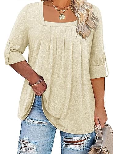 Siddhe Women's Plus Size Tops Fall Tops for Women 2023 Trendy Square Neck 3/4 Sleeve Tunic Casual Top Beige 3XL - Image 1