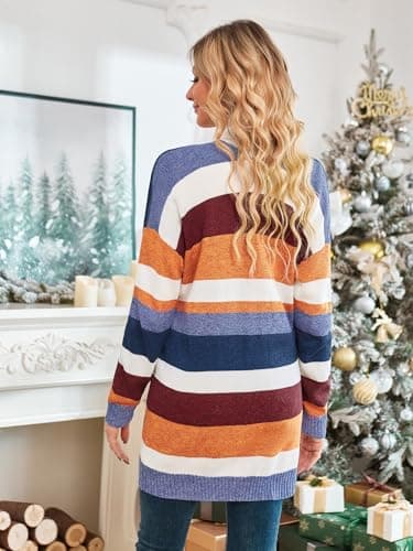 ECOWISH Women Cardigan Sweaters Long Floral Striped Winter Long Sleeve Kimono Open Front Cozy Knitted Daisy Fuzzy Outwear Pocket - Thumbnail 3