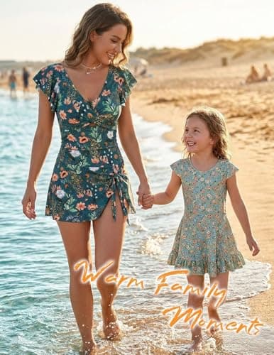 Women's One Piece Swimdress Swimsuit Tummy Control Ruffle Swim Dress Skirt Criss Cross Tie Back Bathing Suit White Small Flower M - Thumbnail 4