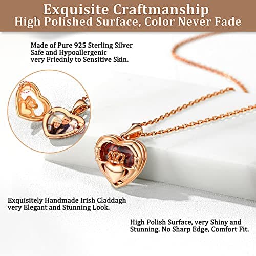 Bestyle Silver Rose Gold Heart Locket Necklace for Women Cute Irish Claddagh Lockets Love Message Photo Pendant Dainty Memorial Custom Locket Jewelry Gift, 18"+2" Chain - Thumbnail 5