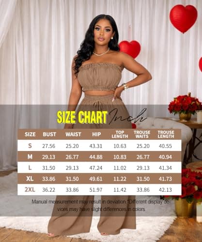 ABKY Two Piece Sets for Women Going Out Summer Off Shoulder Tube Top Palazzo Pants Set Vacation Birthday Party Date Night Outfits Khak L - Thumbnail 6