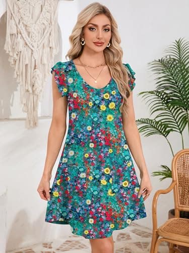 DEARCASE Womens Summer T-Shirt Dresses V Neck Elegant Classy Ruffle Sleeve A-line Tunic Dress 2026 with Pockets Floral Rapeseed Petals Small - Thumbnail 6