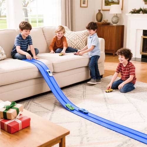 Kimdog Flexible Race Track for Kids - 15Ft Car Track with 4 Vehicle in 1:64 Scale, 4M DIY Car Ramp Roll Up, Play Race Cars for 3 4 5 6 Year Old Boys Girls, Little People Gifts for Birthday Christmas - Thumbnail 5