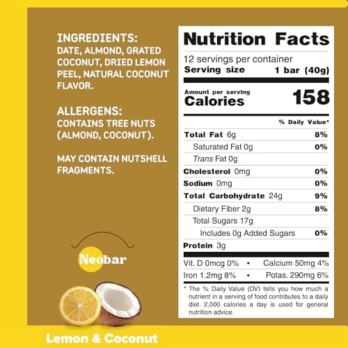 NEOBAR Fruit and Nut Bars - Plant-Based Vegan Snack Bars, Gluten Free Dairy Free Snacks, No Added Sugar, No Preservatives, Non-GMO | Lemon & Coconut,12 Count - Thumbnail 2