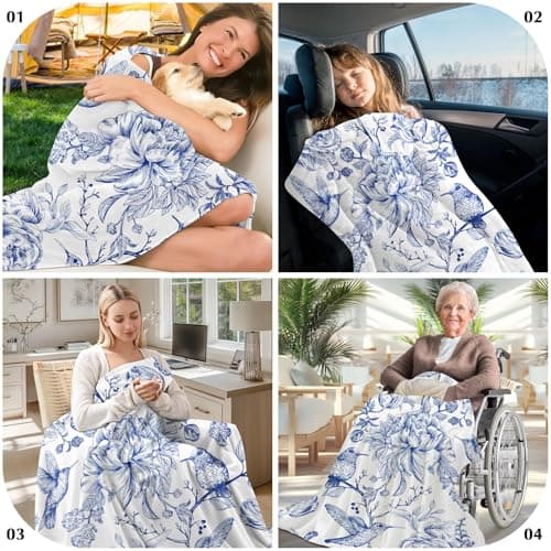 yuboo Spring Blue White Floral Throw Blanket, Chinoiserie French Country Soft Blanket for Women Girls, Soft Flannel Hummingbird Blanket for Coastal Victorian Decor, 50 x 60 Inch - Thumbnail 5