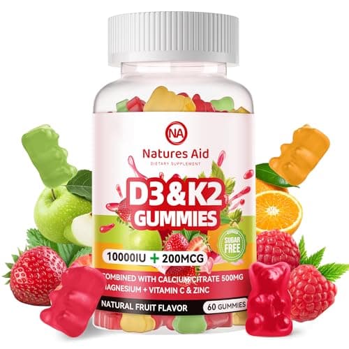 Natures Aid Sugar-Free Vitamin D3 K2 Gummies with Calcium + K2 (MK-7), Magnesium Citrate, Vitamin C, Extra Strength - Ultimate Absorption for Bone Muscle Teeth Immune, Vegan - 60 Gummies - Image 1