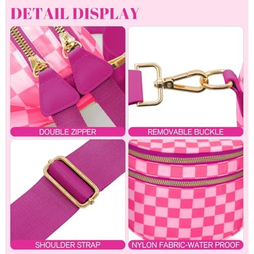 WOOMADA Checkered Crossbody Bag Bum Bag for Women, Fanny Pack Checkered Purse, Belt Bag with Shoulder Strap(Hot Pink Checkerboard) - Thumbnail 4