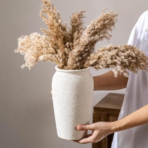 Rustic Farmhouse Flower Large Ceramic Vase, Vintage Pampas Grass Vase, White Modern Decorative Ceramic Flower Vase for Home Decor, Table, Living Room Decoration, Shelf Decor, Mantel, 9.8 Inch - Thumbnail 2