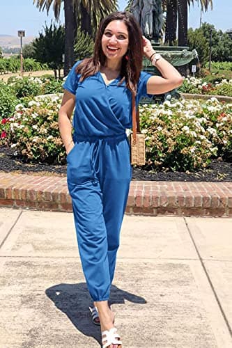 PRETTYGARDEN Jumpsuits for Women 2025 Spring Summer Casual Dressy Short Sleeve Romper Airport Vacation Travel Outfits (Grey Blue,Medium) - Thumbnail 2