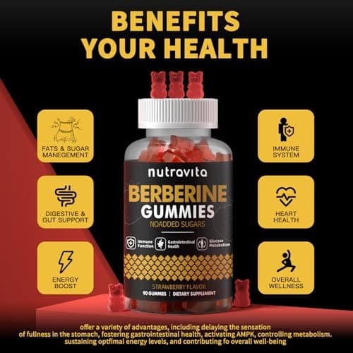Nutravita Berberine Gummies with Ceylon Cinnamon 1500mg High Potency Berberine HCL Supplement for Immune and Metabolism Support, Sugar Free Organic Berberine Gummies Strawberry Flavor-1PACK - Thumbnail 3
